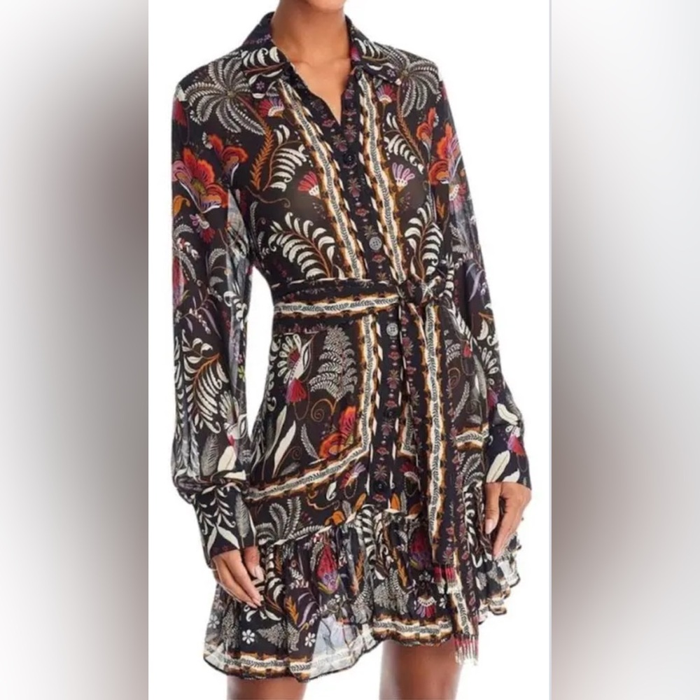 FARM Rio Black Classic Garden Multicolor Long Sleeve Mini Dress